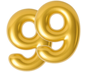 3D gold balloon number 99, shiny metallic design for birthday or anniversary celebration