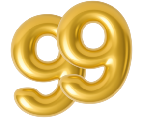 3D gold balloon number 99, shiny metallic design for birthday or anniversary celebration