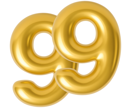 3D gold balloon number 99, shiny metallic design for birthday or anniversary celebration