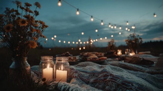 Outdoor twilight picnic with candles in jars, sunflowers, blankets, and string lights across a field.