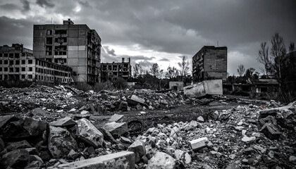 Post-apocalyptic ruined cityscape with abandoned crumbling buildings, rubble and broken stones