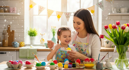 Happy mother and daughter painting easter eggs