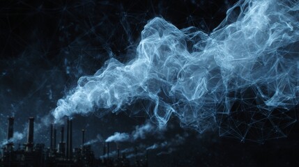 Abstract image of industrial smokestacks emitting plumes, interwoven with digital mesh in shades of blue