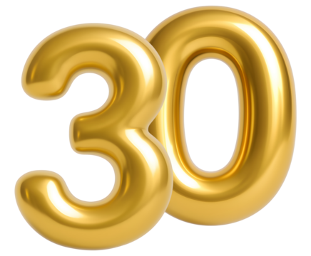 3D gold balloon number 30, shiny metallic design for birthday or anniversary celebration - Powered by Adobe