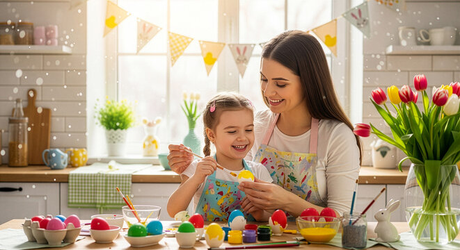 Happy mother and daughter painting easter eggs - Powered by Adobe