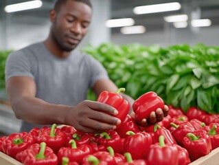 African American man carefully selecting fresh red bell peppers from a wooden crate in a vibrant greenhouse, showcasing agricultural expertise and dedication to quality produce