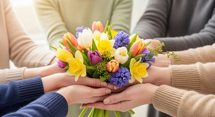 Group holding flower bouquet for Mother's Day with vibrant colors in a joyful gesture. Mother's Day celebration includes colorful tulips, daffodils, and hyacinths, creating a touching moment.