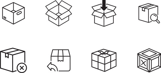 Set of line icons for packaging, delivery, and shipping boxes isolated on