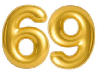 3D gold balloon number 69, shiny metallic design 