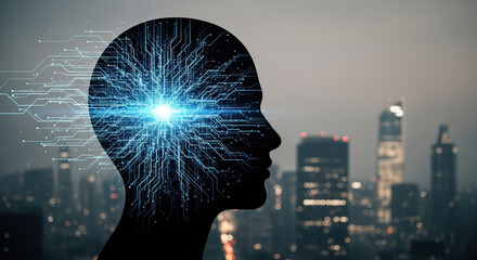 Exploring **IoT** potential: Digital head with neural network representing data flow over city skyline. The interconnected **IoT** devices and neural activity illustrate the intelligent network,