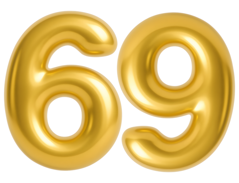 3D gold balloon number 69, shiny metallic design 