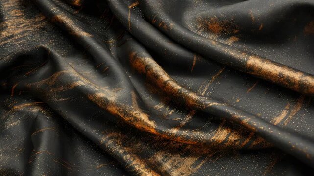 Luxurious black fabric with ornate gold patterns, textured and draped