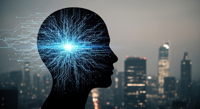 Exploring **IoT** potential: Digital head with neural network representing data flow over city skyline. The interconnected **IoT** devices and neural activity illustrate the intelligent network,