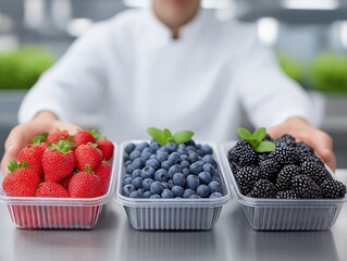 Fresh strawberries, blueberries, and blackberries arranged in clear containers, with a chef's hands presenting the vibrant fruits, showcasing healthy culinary choices and colorful ingredients