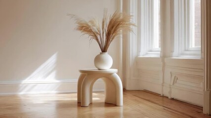White ceramic vase with dried pampas grass on a sculptural stool in a bright sunlit minimalist room.
