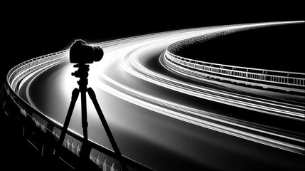 A silhouette of a camera on a tripod is positioned to capture the light trails of vehicles on a curving highway at night. The scene is dark with bright streaks