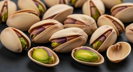Delicious Pistachios Scattered on a Dark Surface, Close-Up View