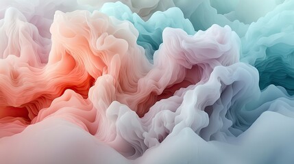 Abstract swirling forms resembling smoke or clouds in soft pastel hues of pink, coral, white, and teal, creating a dreamlike and ethereal atmosphere.