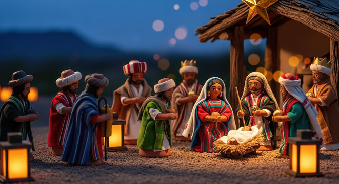 Las Posadas scene featuring figurines representing biblical characters in a traditional holiday display. Las Posadas commemorates Mary and Joseph's journey to Bethlehem,