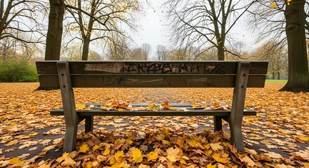 Empty park bench surrounded by vibrant autumn leaves in a serene park setting.