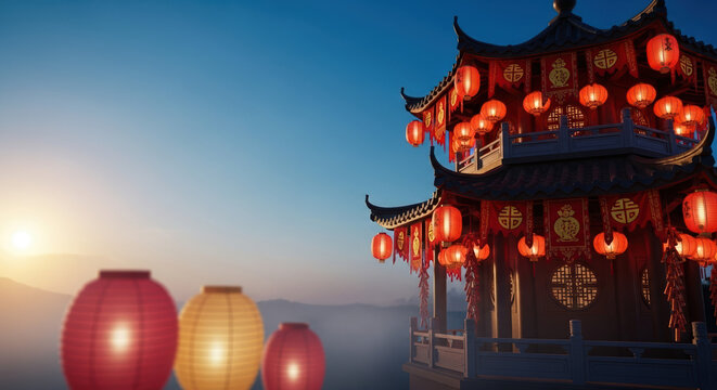 Lunar New Year lanterns decorate traditional Chinese architecture against gradient sky at sunset, ready for holiday. Lunar New Year symbolizes fresh starts and good fortune,