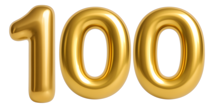 3D gold balloon number 100, shiny metallic design for birthday or anniversary celebration