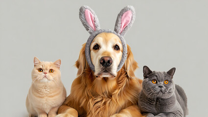 A golden retriever with bunny ears poses with two cats, one tabby and one grey