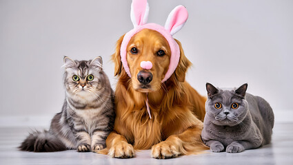 A golden retriever with bunny ears poses with two cats, one tabby and one grey