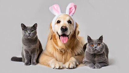 A golden retriever with bunny ears poses with two cats, one tabby and one grey