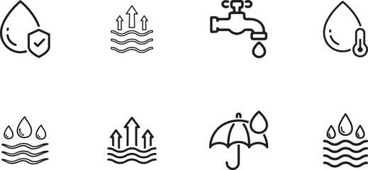 Waterproof and breathable material properties line icons set, isolated on