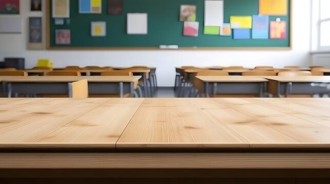 Inviting wood surface in an empty classroom, perfect for product mockups or educational materials, conveying a sense of calm focus and learning - Powered by Adobe
