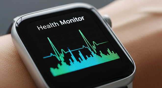 Smartwatch displaying health monitor graph for MedTech, showcasing modern medical technology on wrist. Health monitor is useful for tracking vital signs with wearable tech and mobile health apps. - Powered by Adobe