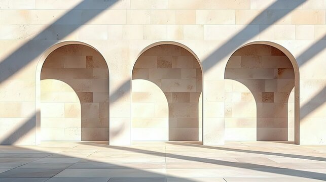 An architectural shot of a stone wall with three arched openings, bathed in sunlight creating dramatic shadows.