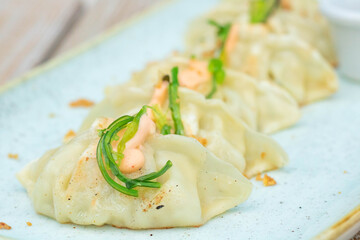 Gyoza topped with sauce and garnished with chuka seaweed, a Chinese-style appetizer, Asian dumplings