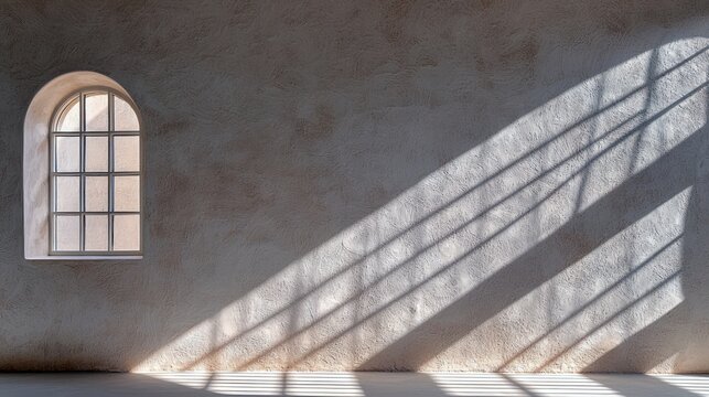 An arched window with a grid pattern casts dramatic diagonal light and shadow stripes across a textured, neutral-colored wall and floor. The scene is indoors, s
