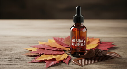No shave november concept featuring grooming oil and wooden comb on rustic surface with maple leaves. No shave november is recognized by refraining from shaving during month of November.