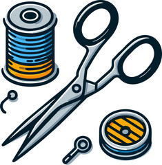 Abstract Sewing Tools Vector Illustration – Scissors, Thread Spool, Bobbin, Flat Modern Style