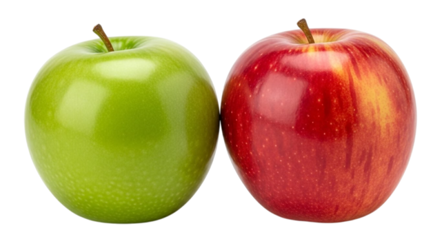 Red and green apples, three fresh fruits isolated on a white background, symbolizing healthy diet and natural sweetness