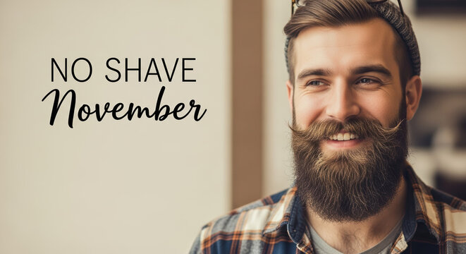 Man celebrating No Shave November with full beard and groomed mustache. Concept No Shave November for men's health awareness month, facial hair and style. - Powered by Adobe