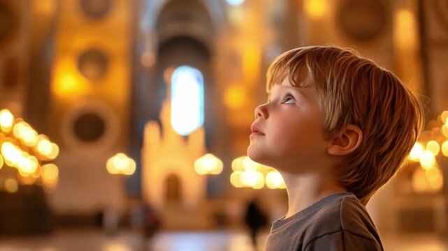 This captivating footage captures a child in awe inside an ornate cathedral. The enchanting lighting and serene ambiance are perfect for evoking emotions. AI
