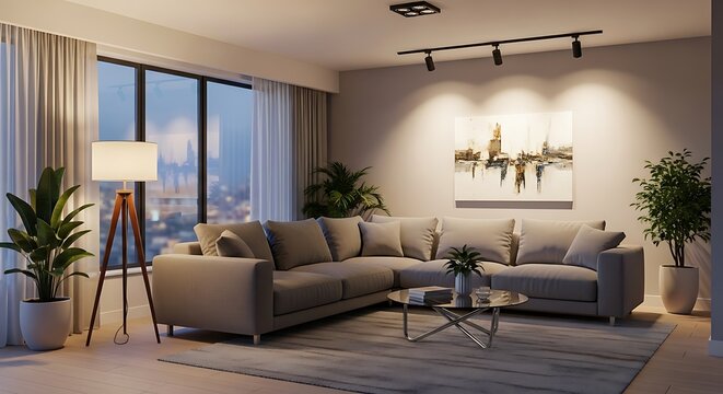 Cozy and Stylish Modern Living Room Interior with L-Shaped Sofa, Contemporary Furniture, Potted Plants, and Evening City View Through Large Window