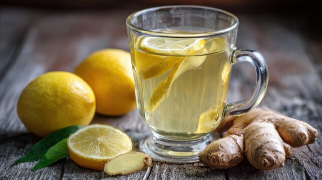 Homemade Ginger Tea With Lemon on a Rustic Wooden Table for a Metabolism Boosting Drink
