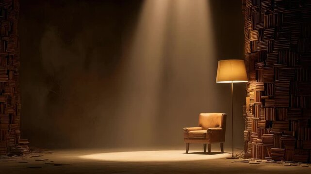 A lone armchair and floor lamp stand under a spotlight in a dim, soundproofed room lined with brick-patterned acoustic foam.