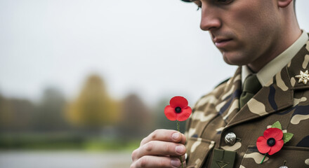 Remembrance Day honors fallen heroes with military officer holding poppy. Remembrance Day is a solemn occasion for reflecting on sacrifices,