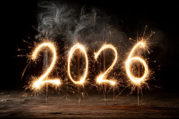  Sparkler light writing forming 2026 with fireworks background.
