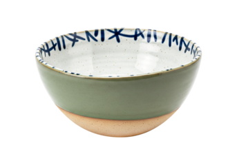Unique handcrafted ceramic serving bowl, blending rustic green and clean white with an abstract blue pattern, ideal for modern kitchen and home dining decor