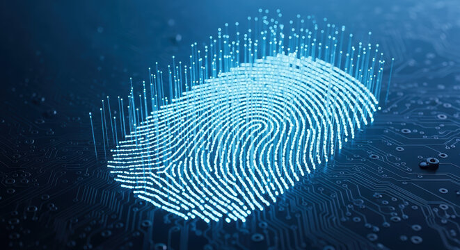 Exploring quantum communication featuring glowing digital fingerprint on futuristic blue surface. Quantum communication combines cybersecurity and data transmission in digital age.