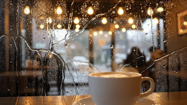 Warm coffee cup on wooden table with rainy window water droplets and blurred cozy cafe background warm light steam creating peaceful comforting indoor atmosphere