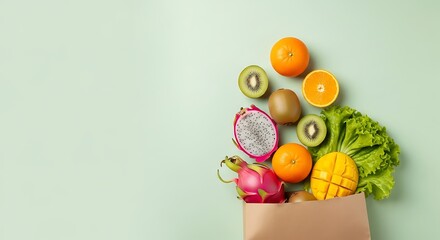 Fresh tropical fruits and green lettuce spilling from a brown paper bag on a light green background, top view with copy space.