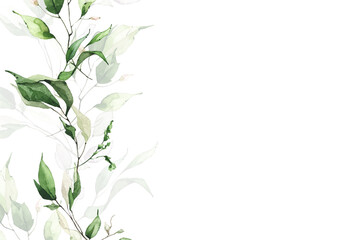 Watercolor painted greenery border frame template. Sage green, beige, blue branches and leaves. Garland arrangement template clipart.